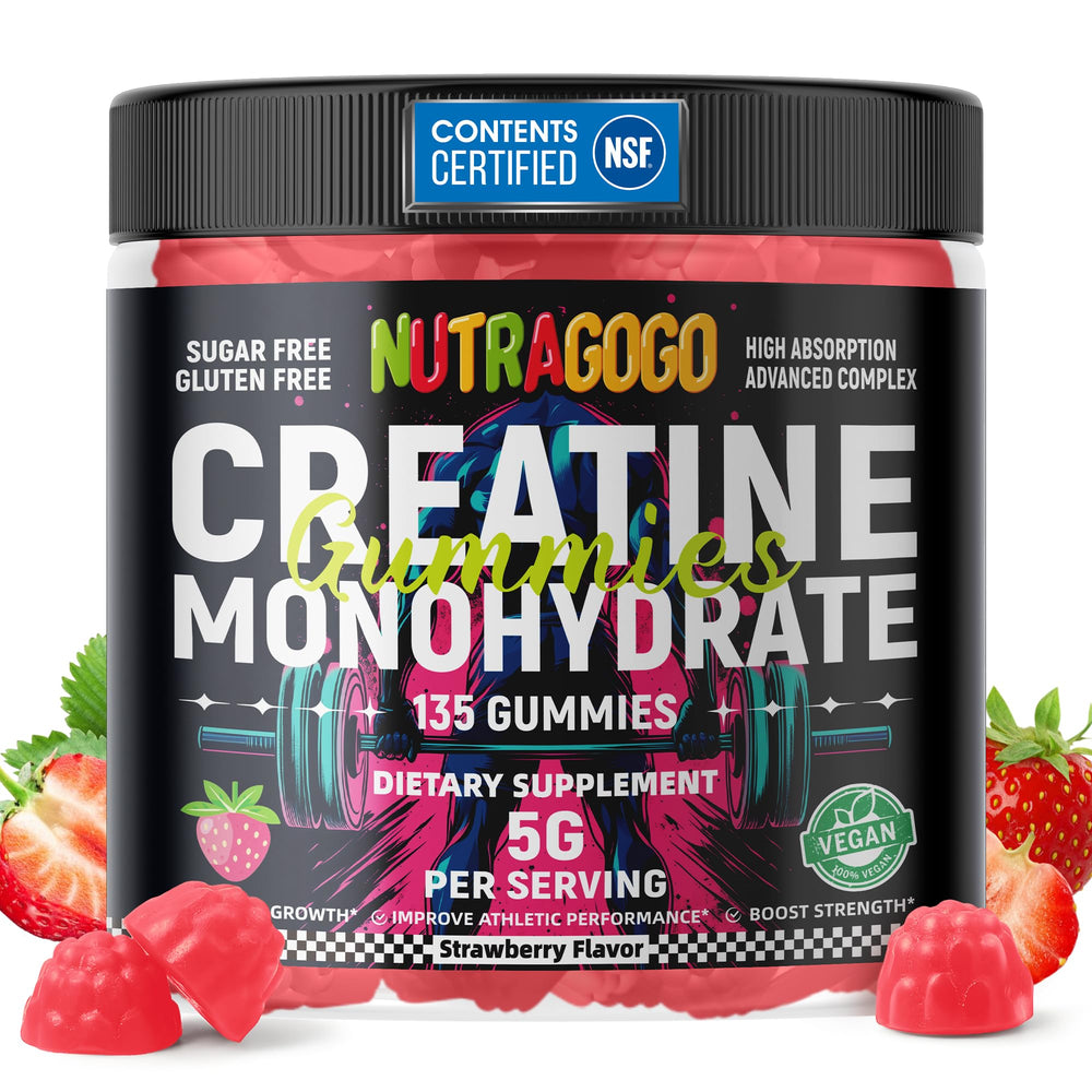 NUTRAGOGO Creatine gummy bottle shows 5g per serving for on-the-go support
