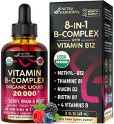NutraHarmony B Complex Drops bottle front highlights energy-supporting organic blend