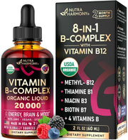 NutraHarmony B Complex Drops bottle front highlights energy-supporting organic blend