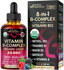 NutraHarmony B Complex Drops bottle front highlights energy-supporting organic blend