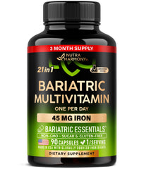 Nutraharmony bariatric multivitamin bottle with 90 capsules supports daily post surgery nutrition