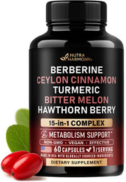 NutraHarmony berberine cinnamon bottle for metabolic balance.