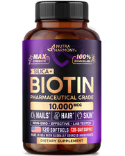 NUTRAHARMONY Biotin softgel bottle front supports hair, skin, and nails.