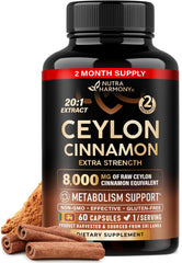 NutraHarmony Ceylon Cinnamon capsules bottle for daily energy support.