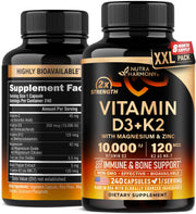 NutraHarmony Vitamin D3+K2 bottle label emphasizes bone health support and quality ingredients.