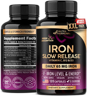 NUTRAHARMONY Iron 65mg bottle with slow-release formulation for steady absorption.