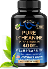NUTRAHARMONY L-Theanine 400 mg bottle front supports calm focus during busy days.
