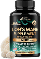 NUTRAHARMONY Lions Mane capsules bottle front for daily focus support.