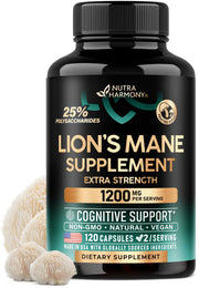 NUTRAHARMONY Lions Mane capsules bottle front for daily focus support.
