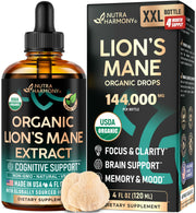 NUTRAHARMONY Lions Mane Liquid bottle on wood supports daily focus