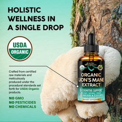 NutraHarmony Lions Mane Liquid vegan label highlights plant-based brain support.