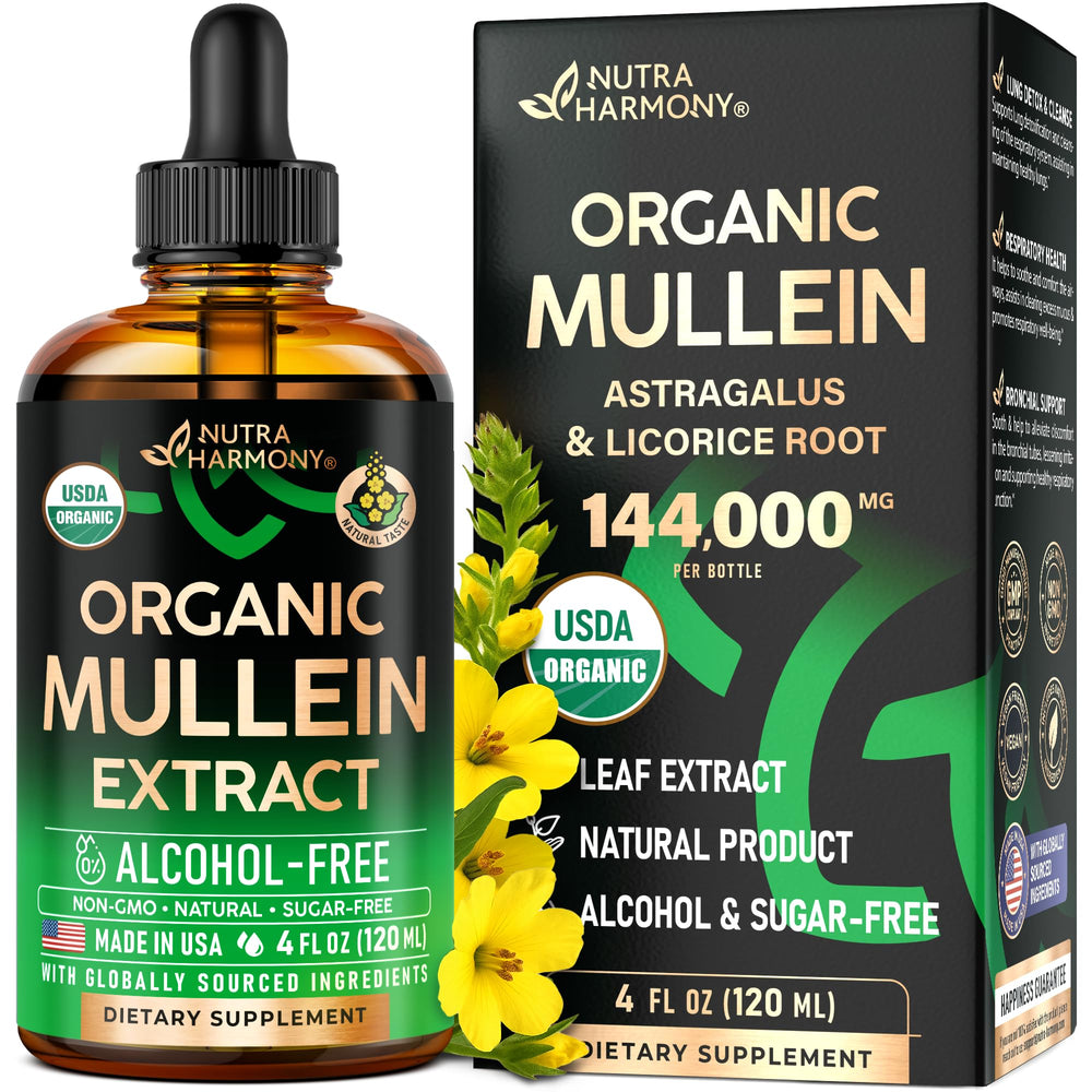 NUTRAHARMONY Mullein Drops bottle front highlights organic formula for breathing support.