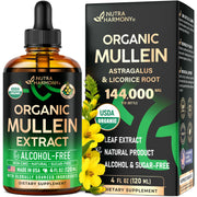 NUTRAHARMONY Mullein Drops bottle front highlights organic formula for breathing support.