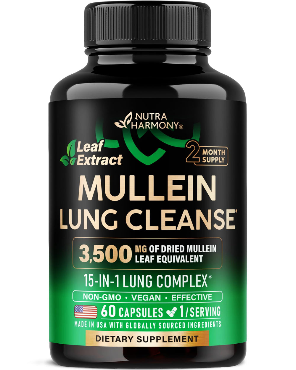 NutraHarmony Mullein Leaf Extract bottle front view for lung support.