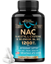 NutraHarmony NAC bottle front showing the 1200 mg potency for daily antioxidant support