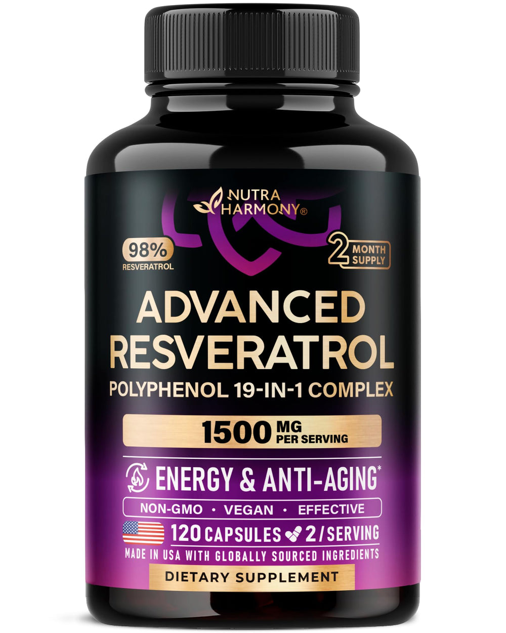 NutraHarmony Resveratrol 19in1 bottle label highlighting polyphenols for daily vitality.