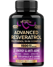 NutraHarmony Resveratrol 19in1 bottle label highlighting polyphenols for daily vitality.