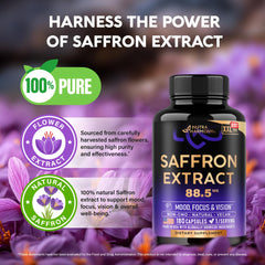 NUTRAHARMONY saffron bottle on desk suggests a convenient daily wellness ritual
