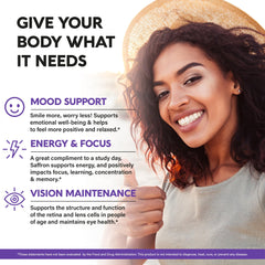 NUTRAHARMONY US-made saffron capsules front label communicates non-GMO vegan formula