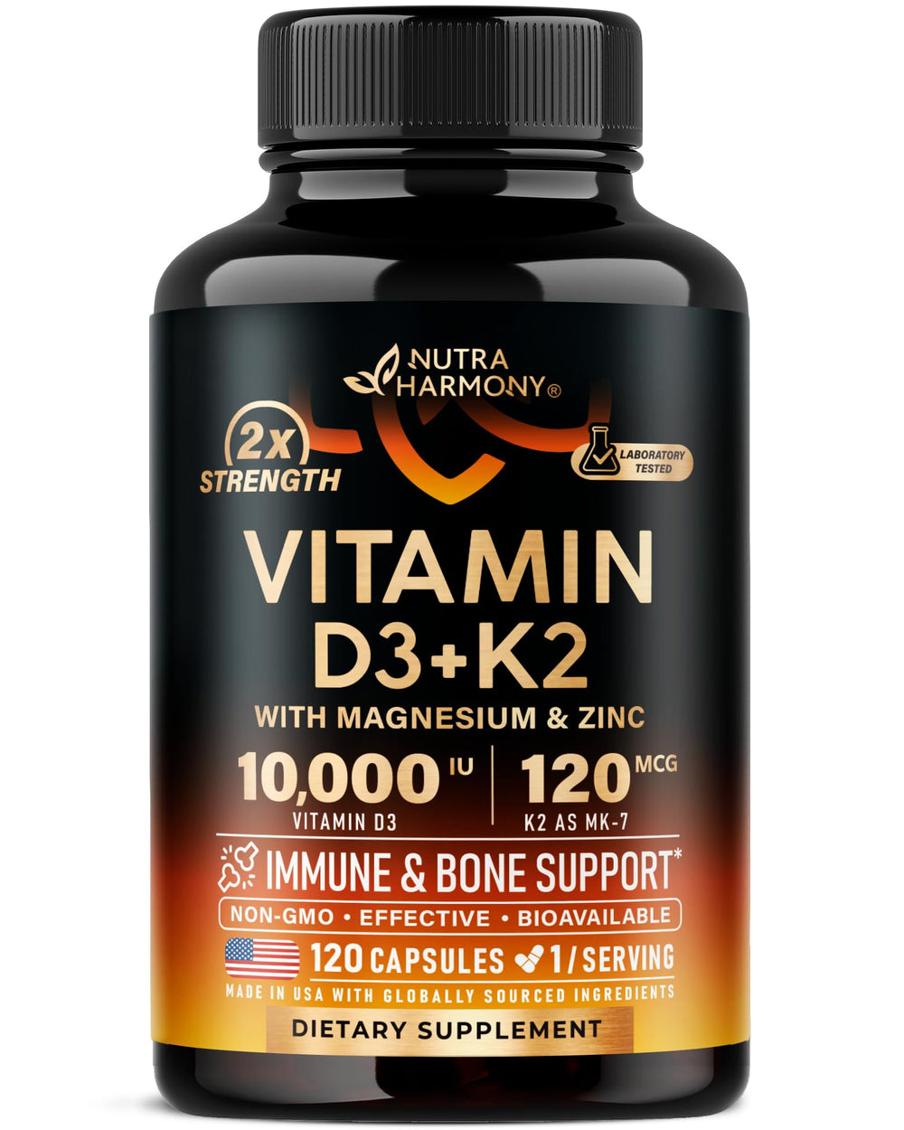 NutraHarmony Vitamin D3 K2 bottle front showing immune and bone support