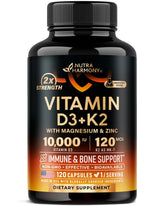 NutraHarmony Vitamin D3 K2 bottle front showing immune and bone support