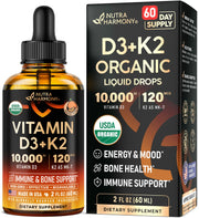 NutraHarmony Vitamin D3 K2 Drops bottle with orange flavor supports immune and bone health.