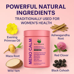 NutraHealth Meno Calm packaging closeup emphasizing clean ingredients.