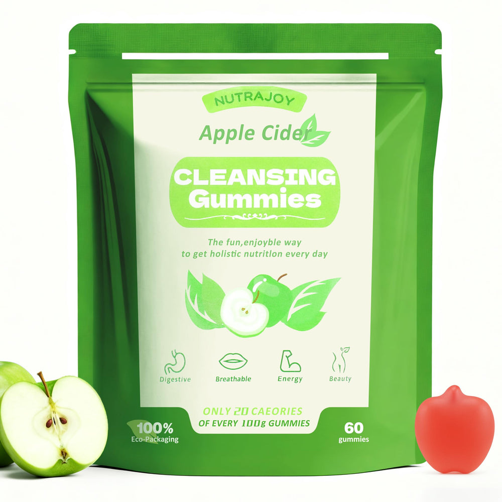 NutraJoy Apple Cider Vinegar Gummies bottle on kitchen counter for daily energy support