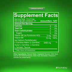 NutraKey L-Carnitine label shows 3000mg and sugar-free formula for mindful fueling