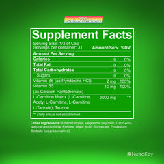 NutraKey L-Carnitine label highlights 1500 mg per serving and gluten-free formula.