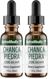 NutraMedix Chanca Piedra drops bottle pouring for daily urinary and digestive support.