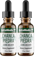 NutraMedix Chanca Piedra drops bottle pouring for daily urinary and digestive support.