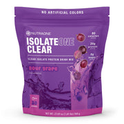NutraOne Clear Whey label close-up showing 20g protein per serving
