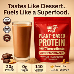 Nutrapulse protein powder bag open showing organic plant ingredients.