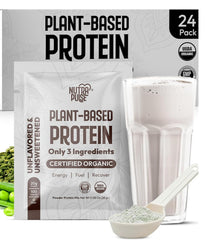 NutraPulse Organic Vegan Protein Powder tub close-up showing 28g protein per serving for muscle support