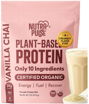 NUTRAPULSE Vanilla Chai protein powder canister with 20g protein per serving for post-workout recovery.