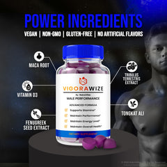 NutraRize Vigorawize label detailing all-natural ingredients and benefits.