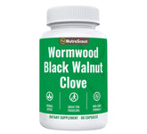 NutraScout Wormwood Black Walnut Clove complex bottle on shelf with easy-to-swallow capsules for gentle digestion support.