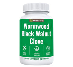 NutraScout Wormwood Black Walnut Clove complex bottle on shelf with easy-to-swallow capsules for gentle digestion support.
