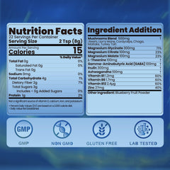 NUTRATASTE Blueberry flavored powder poured into a glass, inviting and tasty.