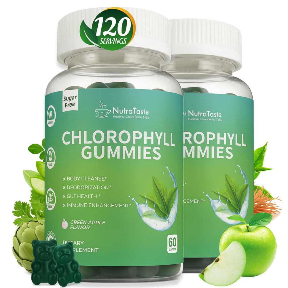 Nutrataste Chlorophyll Gummies bottle showcases vegan, sugar-free wellness in a convenient package