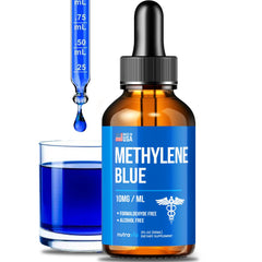 Nutravia Methylene Blue Drops bottle-front highlighting USP grade purity.