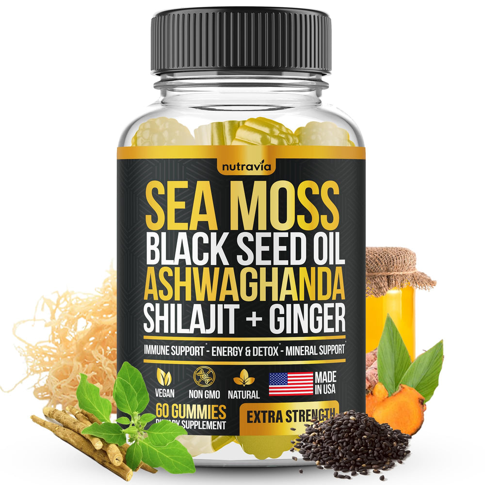 Nutravia Sea Moss Gummies bottle-front shows premium packaging for daily wellness.