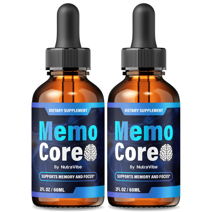 NutraVibe Memo Core drops bottle front with easy dosing for daily memory support