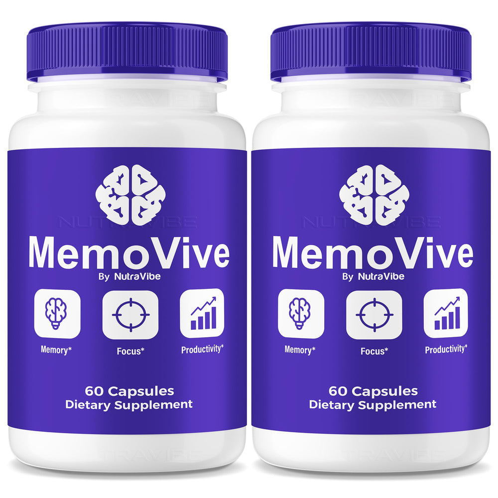 NutraVibe MemoVive bottle front view, daily brain support for focus and clarity.