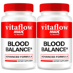 NutraVibe Vitaflow Max bottle front showing premium balance blend for daily use