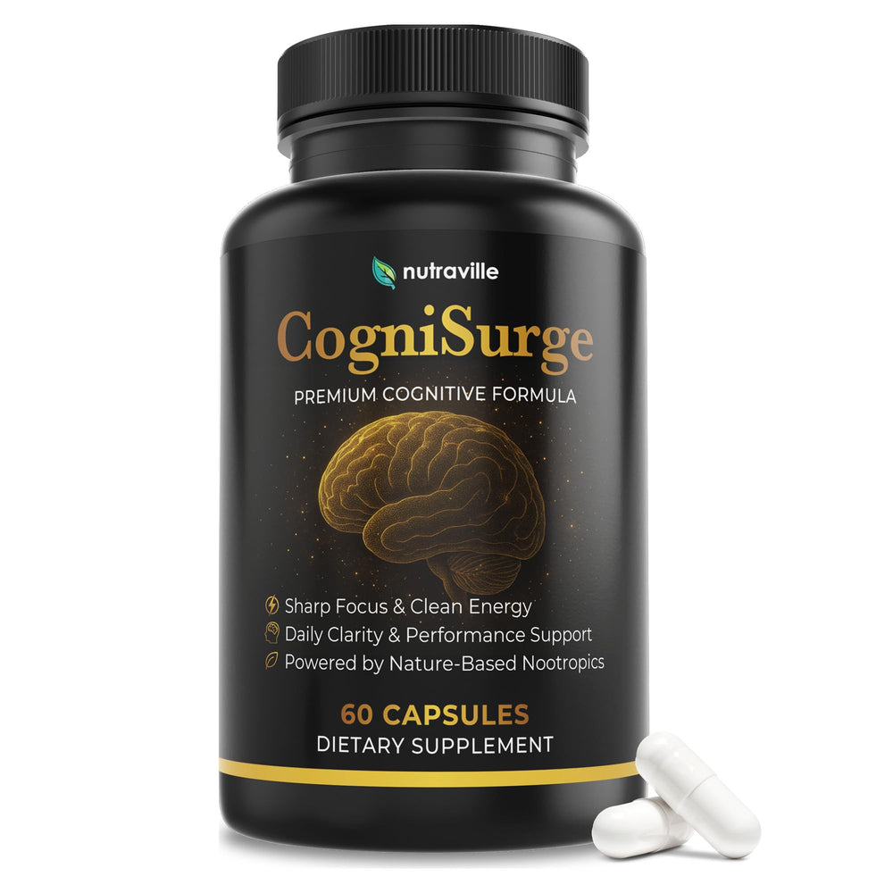 Nutraville CogniSurge bottle label indicating memory and focus support.