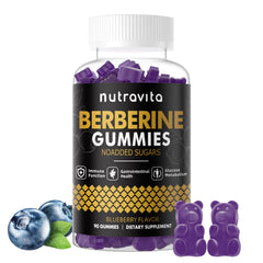 Nutravita Berberine Gummies bottle with blueberry label suggesting metabolism support.