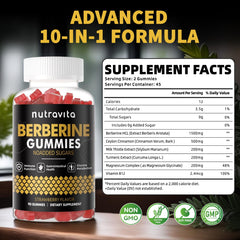Nutravita Berberine Gummies cinnamon aroma package emphasizing sugar-free formula.