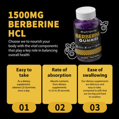 Close-up of Nutravita Berberine Gummies label highlighting sugar-free formula.